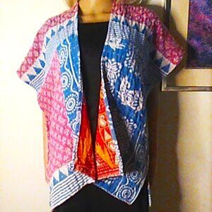 Kantha "Free Spirit" Kimono/Cover Up Pink & Blue Reversible Red L & Under Boho